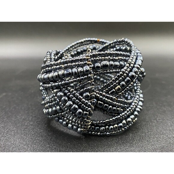 Braided Cuff Bracelet Iridescent Black Bead Memory Wire - Picture 4 of 7